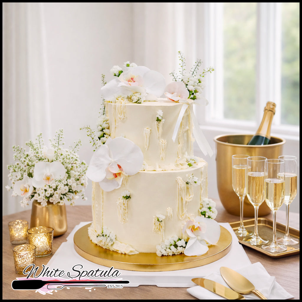 Two-Tier White Floral Wedding Cake