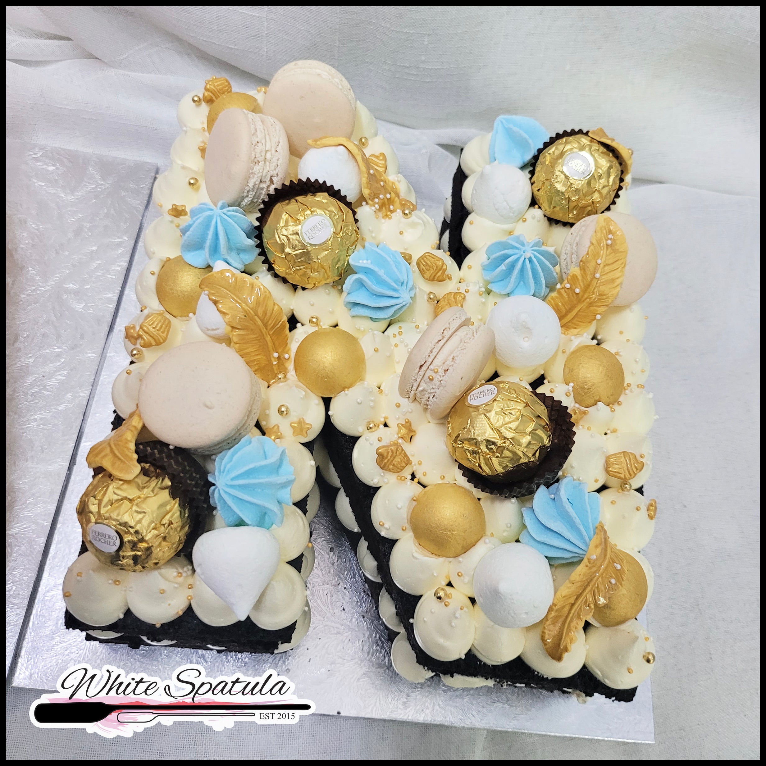 Boho / Feather Monogram Buttercream Cake - White Spatula