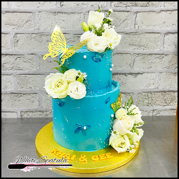 Royal Turquoise Butterfly Flower Cake